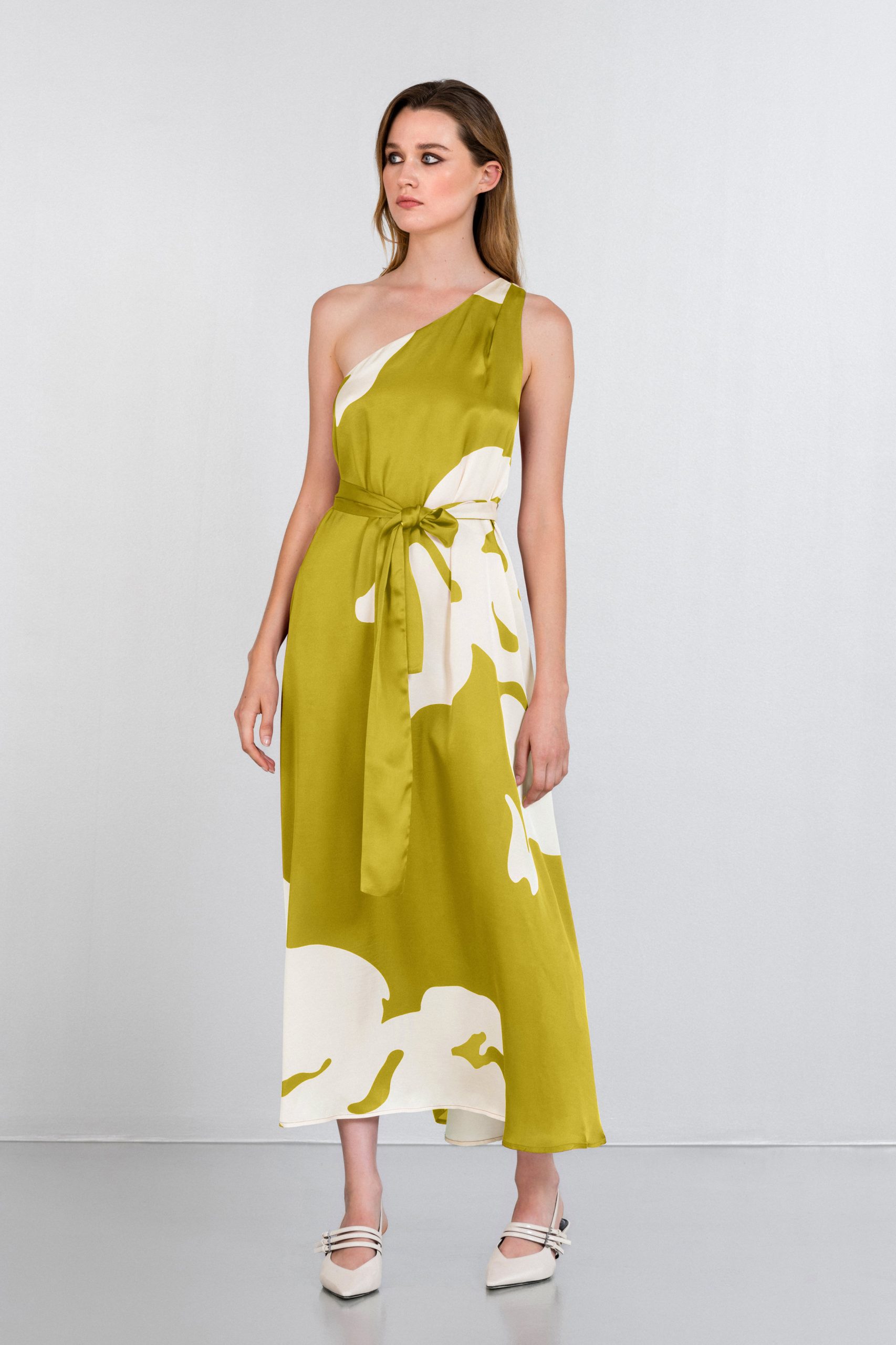 PHILOSOPHY SATIN PRINT ONE SHOULDER DRESS