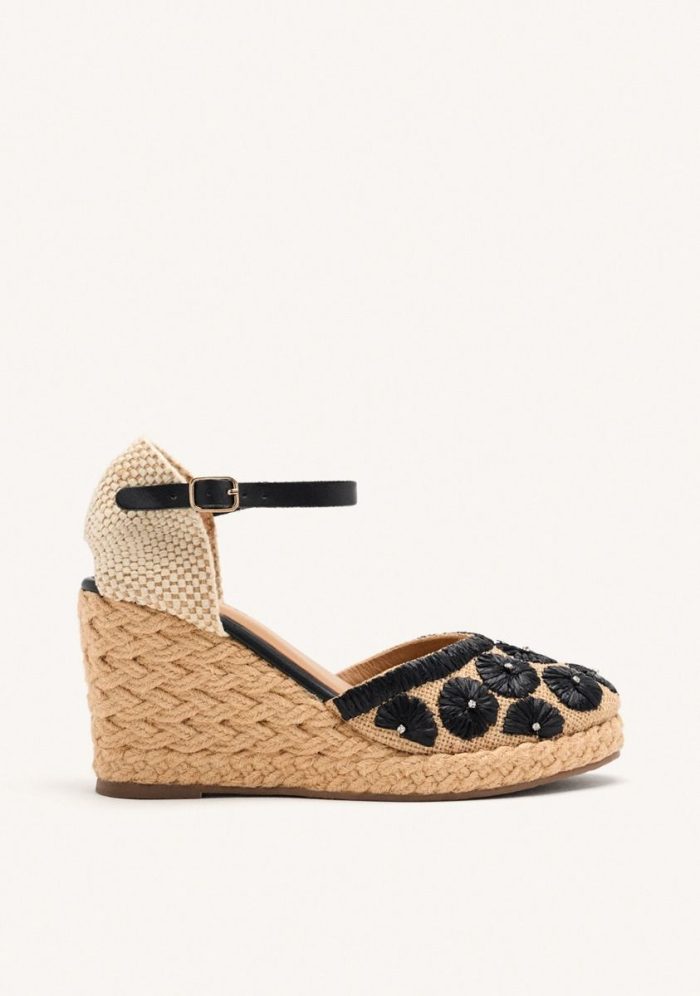 EMBROIDERED LEATHER ESPADRILLES AND RAFFIA WEDGE BENNETT