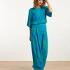 SMASHED LEMON Wide Leg Pants with Graphic Floral Print Bright Blue and Grass Green