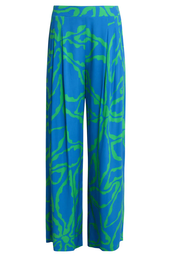 SMASHED LEMON Wide Leg Pants with Graphic Floral Print Bright Blue and Grass Green