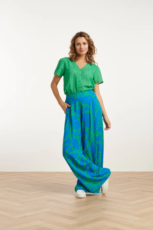 SMASHED LEMON Wide Leg Pants with Graphic Floral Print Bright Blue and Grass Green
