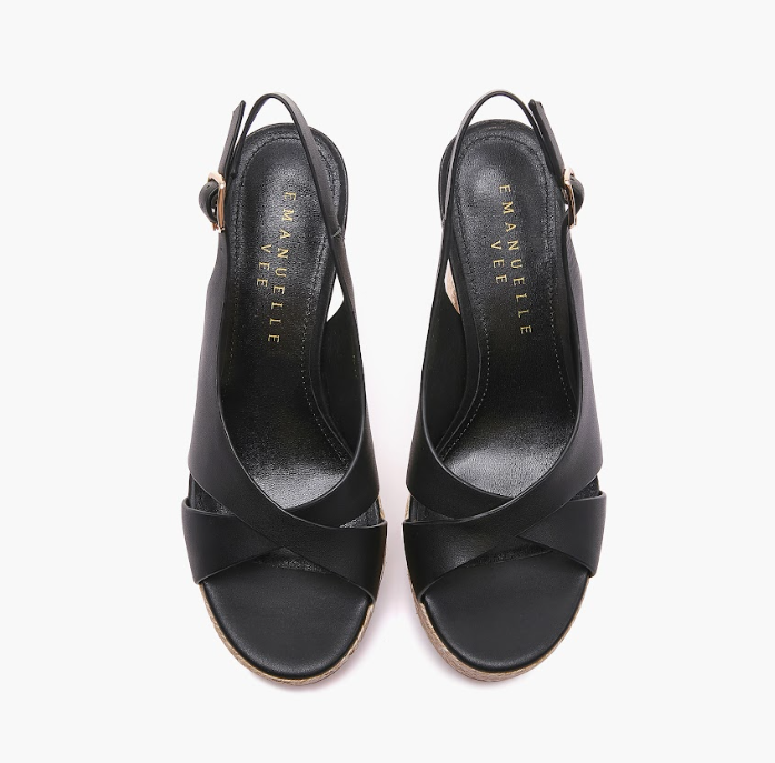 EMANUELLE VEE GIUNONE CROSSED BLACK  SANDAL WITH COWHIDE PLATFORM