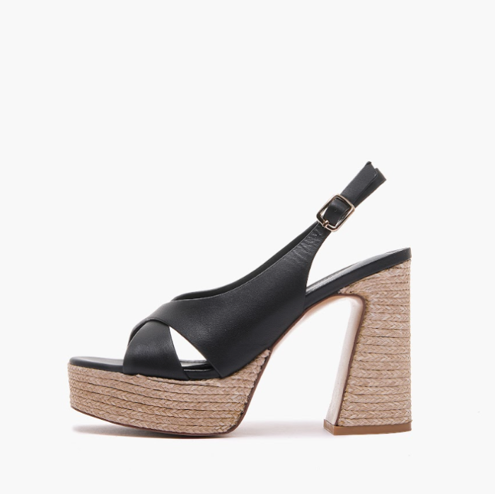 EMANUELLE VEE GIUNONE CROSSED BLACK  SANDAL WITH COWHIDE PLATFORM