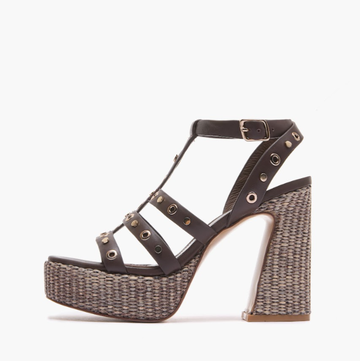 EMANUELLE VEE GIUNONE BROWN SANDAL WITH STUDS AND COWHIDE PLATFORM
