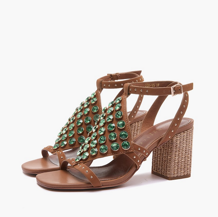 EMANUELLE VEE FARAH SANDAL WITH STUDS AND RHISTLES COWHITE HEEL   LEATHER