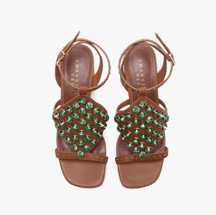 EMANUELLE VEE FARAH SANDAL WITH STUDS AND RHISTLES COWHITE HEEL   LEATHER
