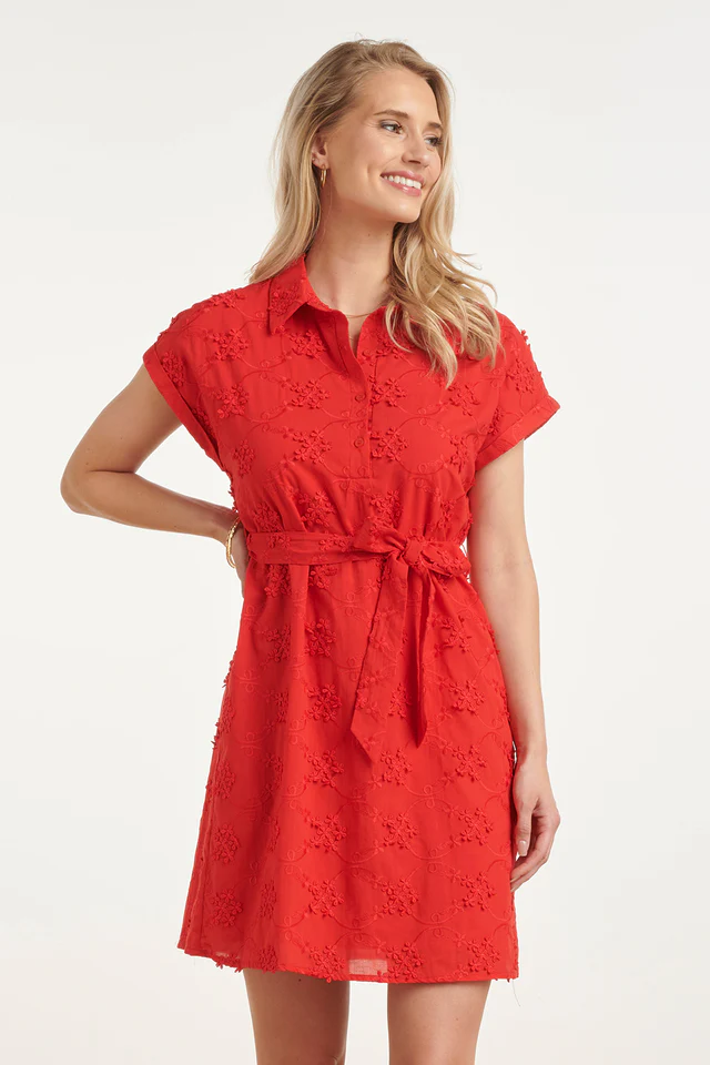 SMASHED LEMON ELEGAND BUTTON-DOWN DRESS WITH DELICATE FLORAL EMBROIDERY