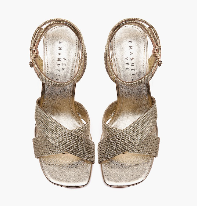 EMANUELLE VEE GOLD FARAH SANDAL WITH ANKLE STRAP AND SUTAGE LAME HEEL