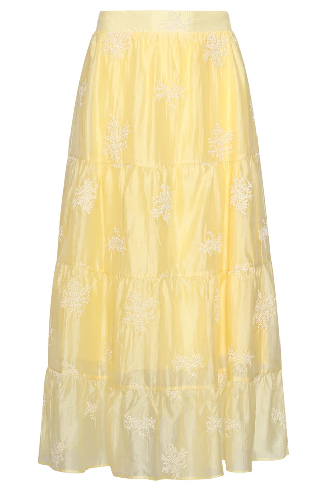Zwierige-Maxi-rok-met-Geborduurde-Print-en-Stroken-Light-Yellow-2 SMASHED LEMON FLOWING MAXI SKIRT WITH EMBROIDERED PRINT