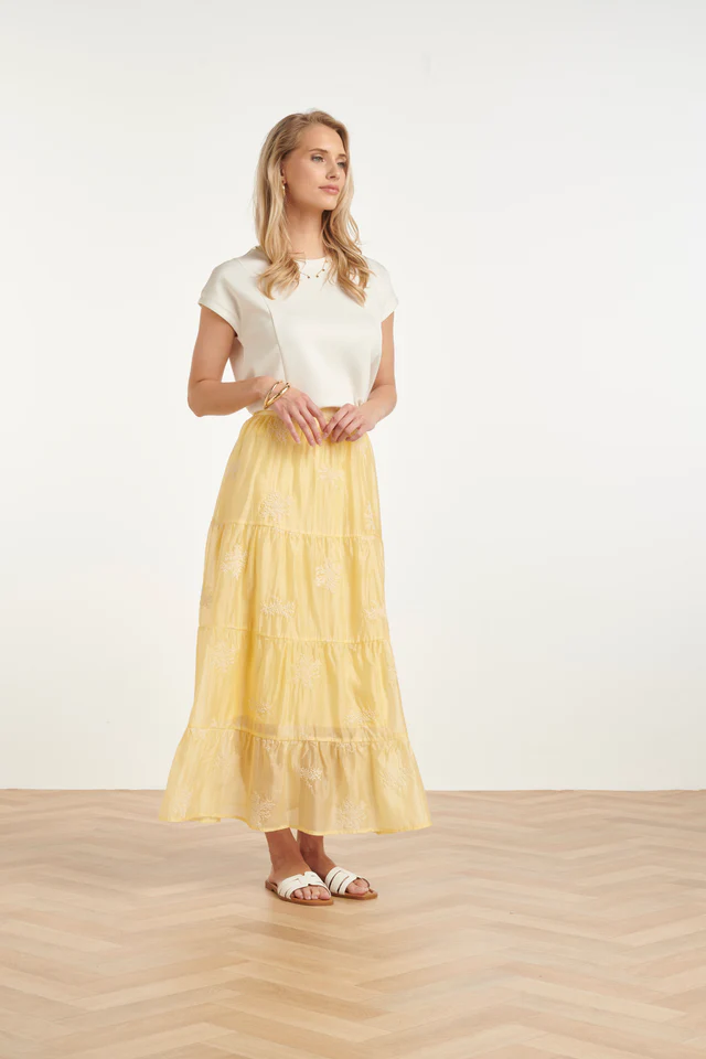 SMASHED LEMON FLOWING MAXI SKIRT WITH EMBROIDERED  PRINT