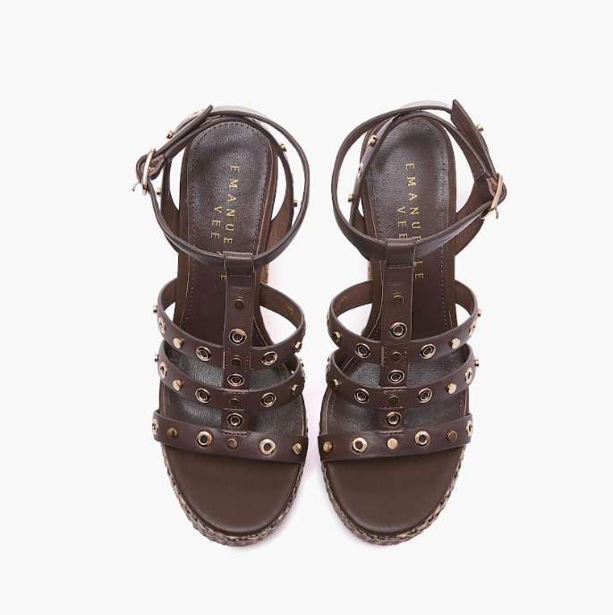 EMANUELLE VEE GIUNONE BROWN SANDAL WITH STUDS AND COWHIDE PLATFORM