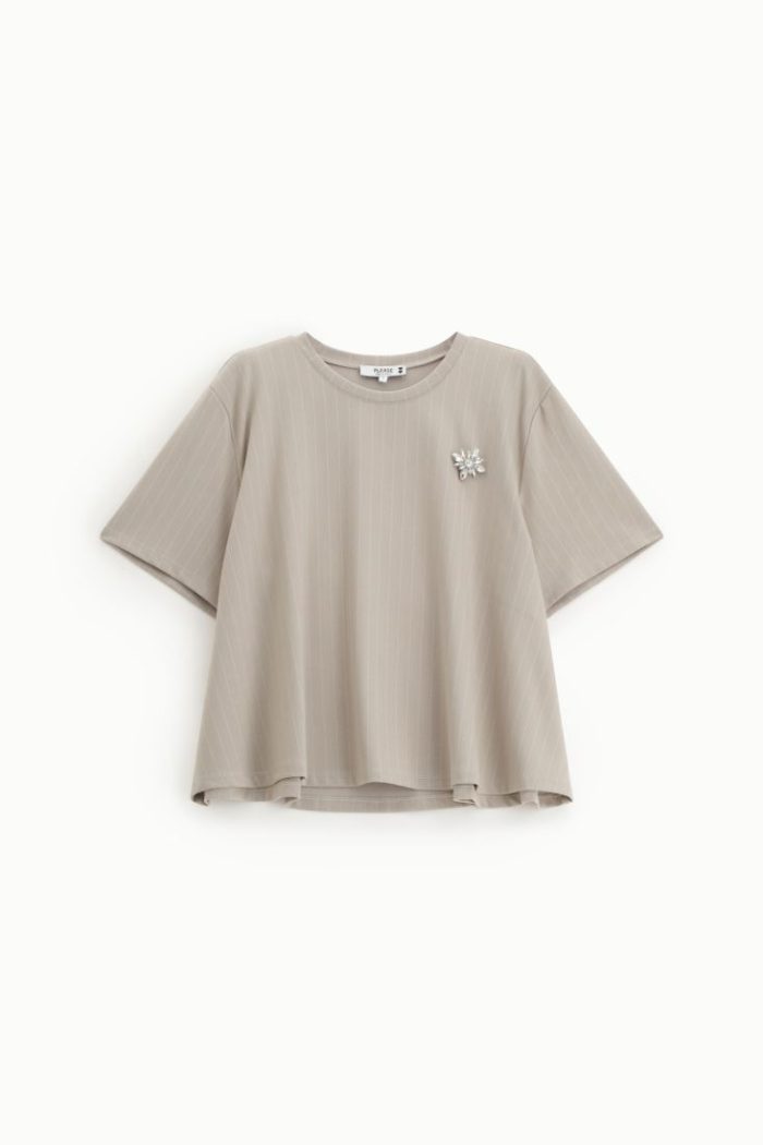 PLEASE STRIPED T-SHIRT WITH RELAXED FIT AND JEWEL BROOCH