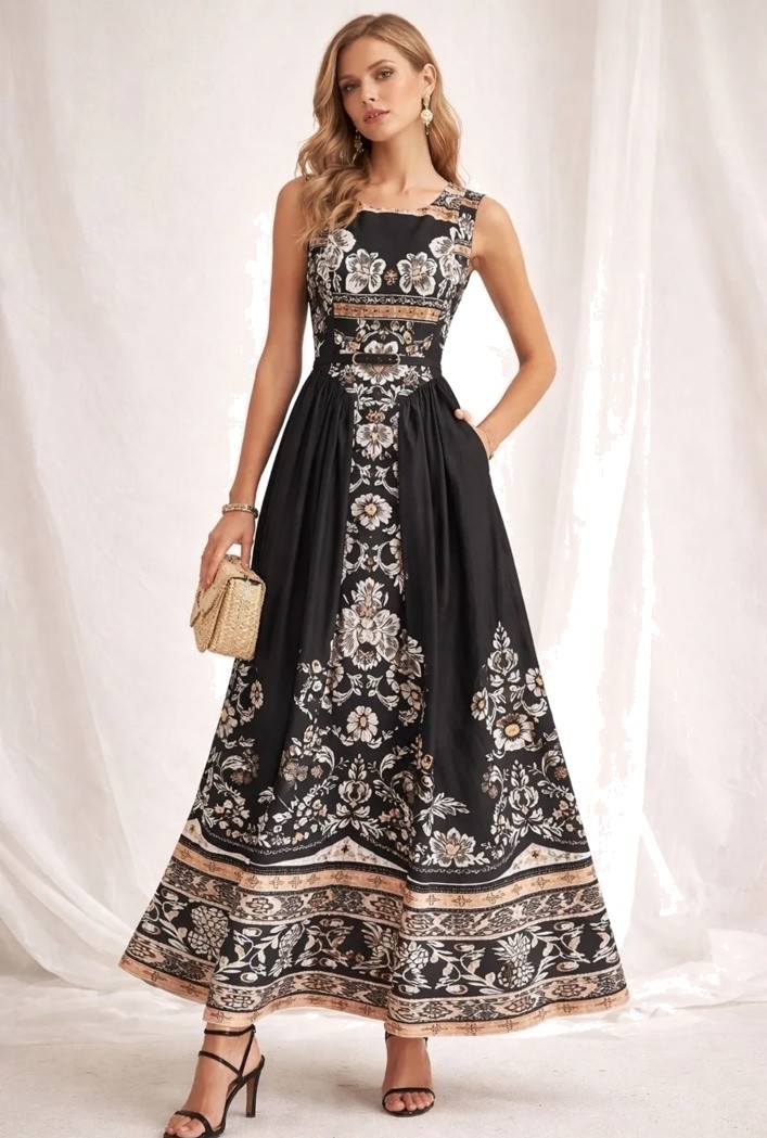 ΔΡ ANASTASIA+ME ORIENTAL COTTON -LINO MAXI DRESS