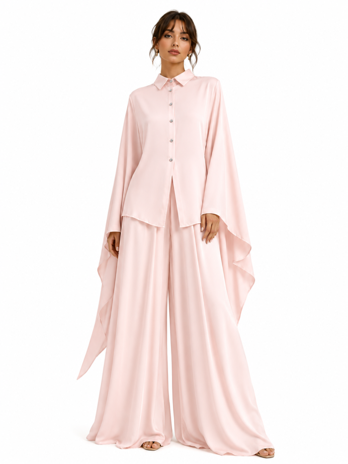 DRAMATIC SATIN SET SHIRT AND WIDE-LEG PALAZZO TROUSERS