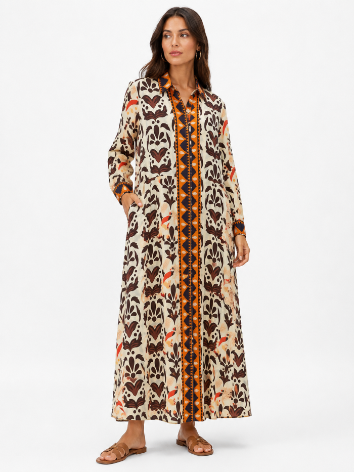 PAHIESA LONG SLEEVE SILK-COTTON SHIRT DRESS