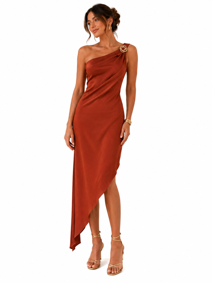 ANASTASIA+ME ONE-SHOULDER ASYMMETRIC SATIN MIDI DRESS