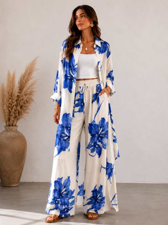 PAHIESA FLORAL LONGLINE SHIRTDRESS &WIDE-LEG PANTS SET