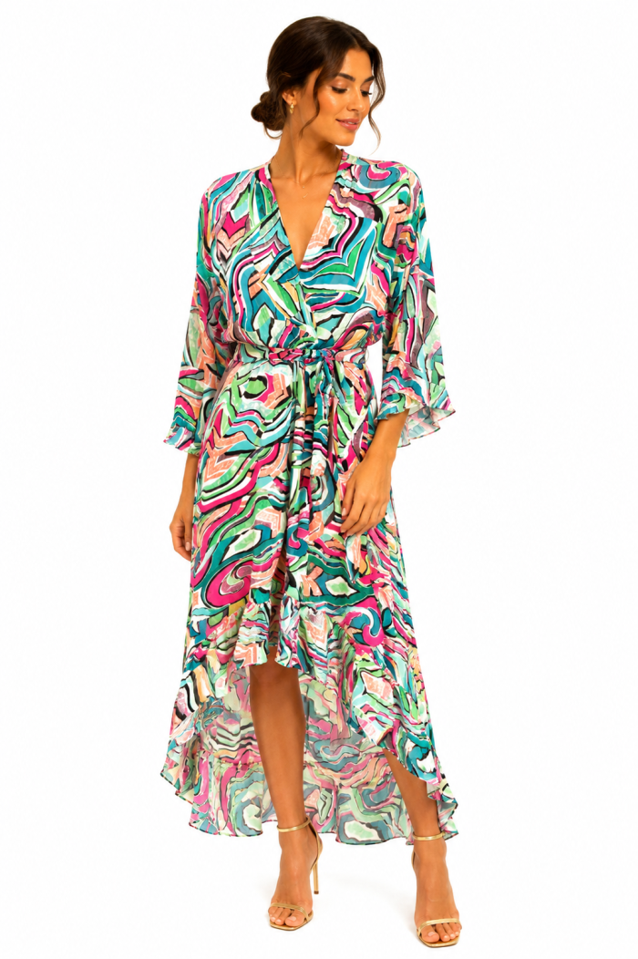 ANASTASIA+ME ABSTRACT WAVE MULTI PRINT  HIGH-LOW DRESS