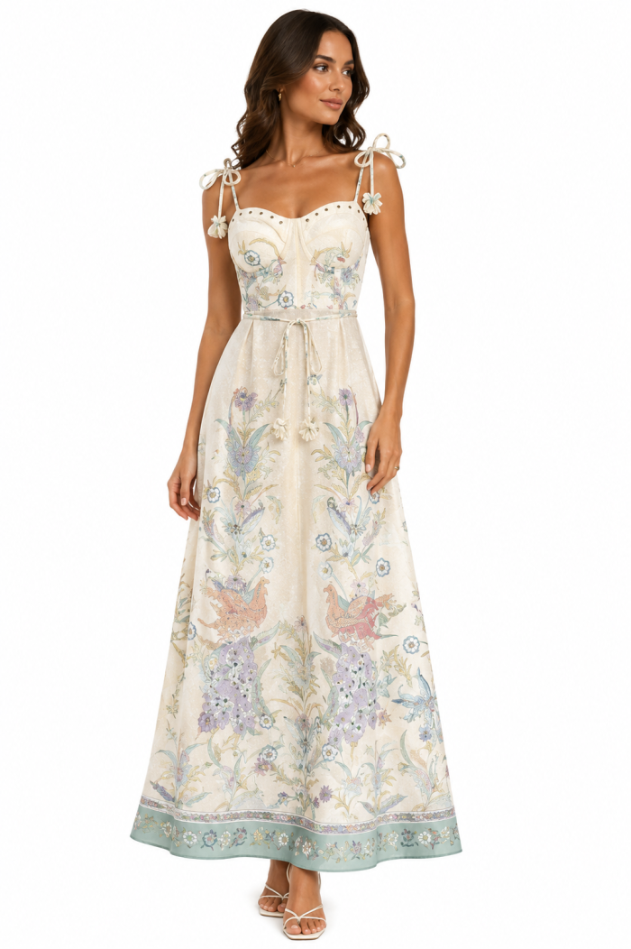 ANASTASIA+ME ELEGANT OFF WHITE  PRINTED MAXI DRESS WITH RHINESTONE DETAIL