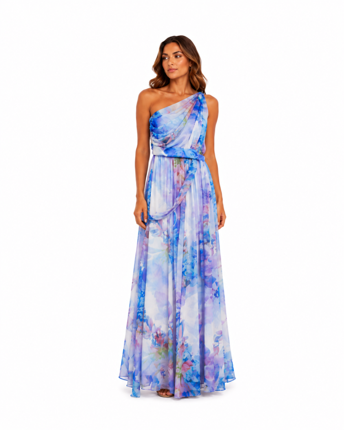 PASTEL FLORAL CHIFFON ONE-SHOULDER MAXI DRESS