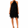 ANASTASIA+ME HALTER RUFFLE DRESS WITH ROSE DETAIL