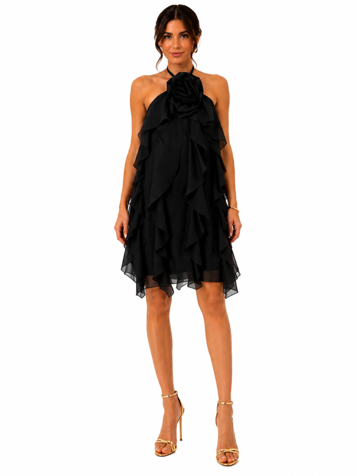 ANASTASIA+ME HALTER RUFFLE DRESS WITH ROSE DETAIL