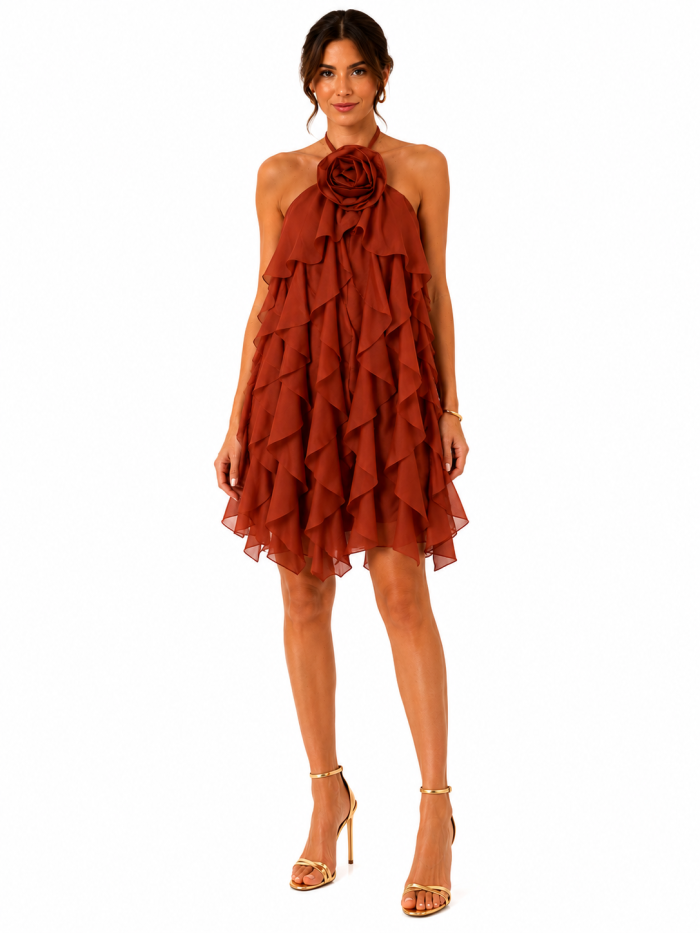 ANASTASIA+ME HALTER RUFFLE DRESS WITH ROSE DETAIL
