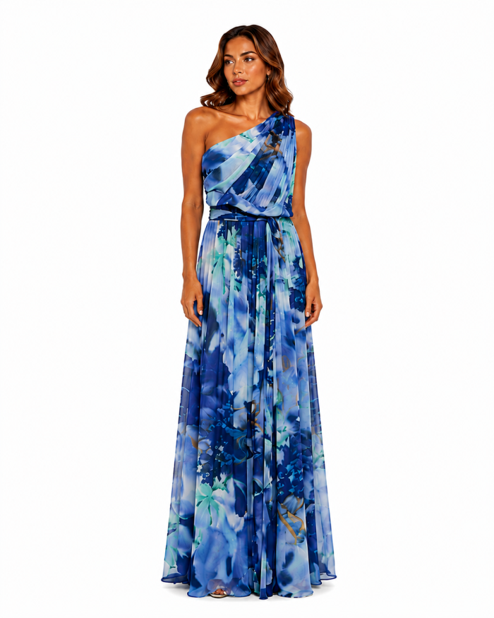 PASTEL FLORAL CHIFFON ONE-SHOULDER MAXI DRESS