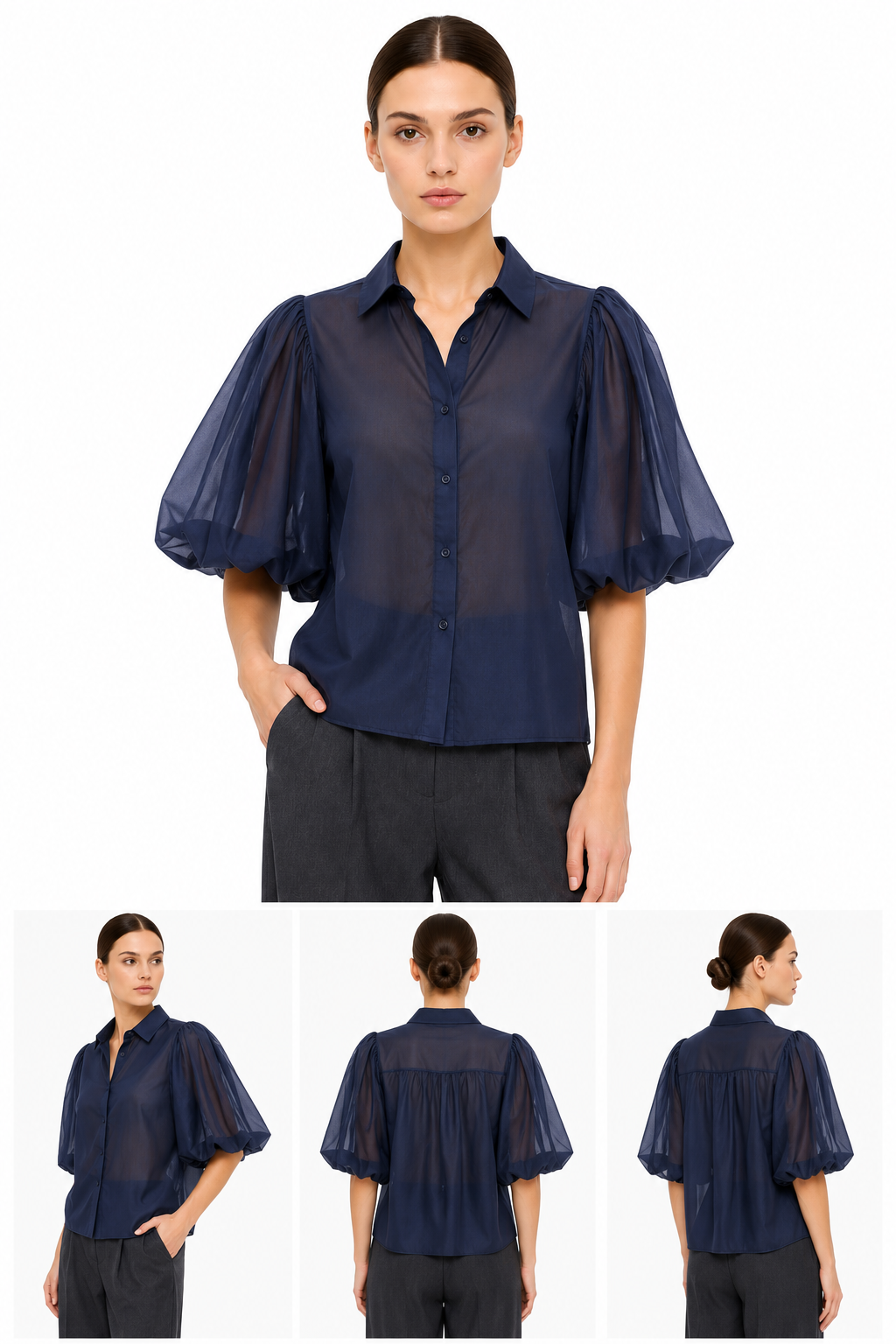 YAGE15233. BLUE ANASTASIA+ME SHEER PUFF SLEEVE SHIRT