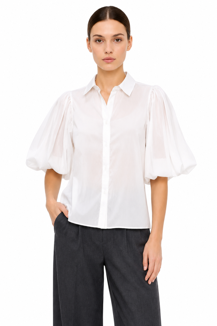 YAGE15233. WHITE ANASTASIA+ME SHEER PUFF SLEEVE SHIRT