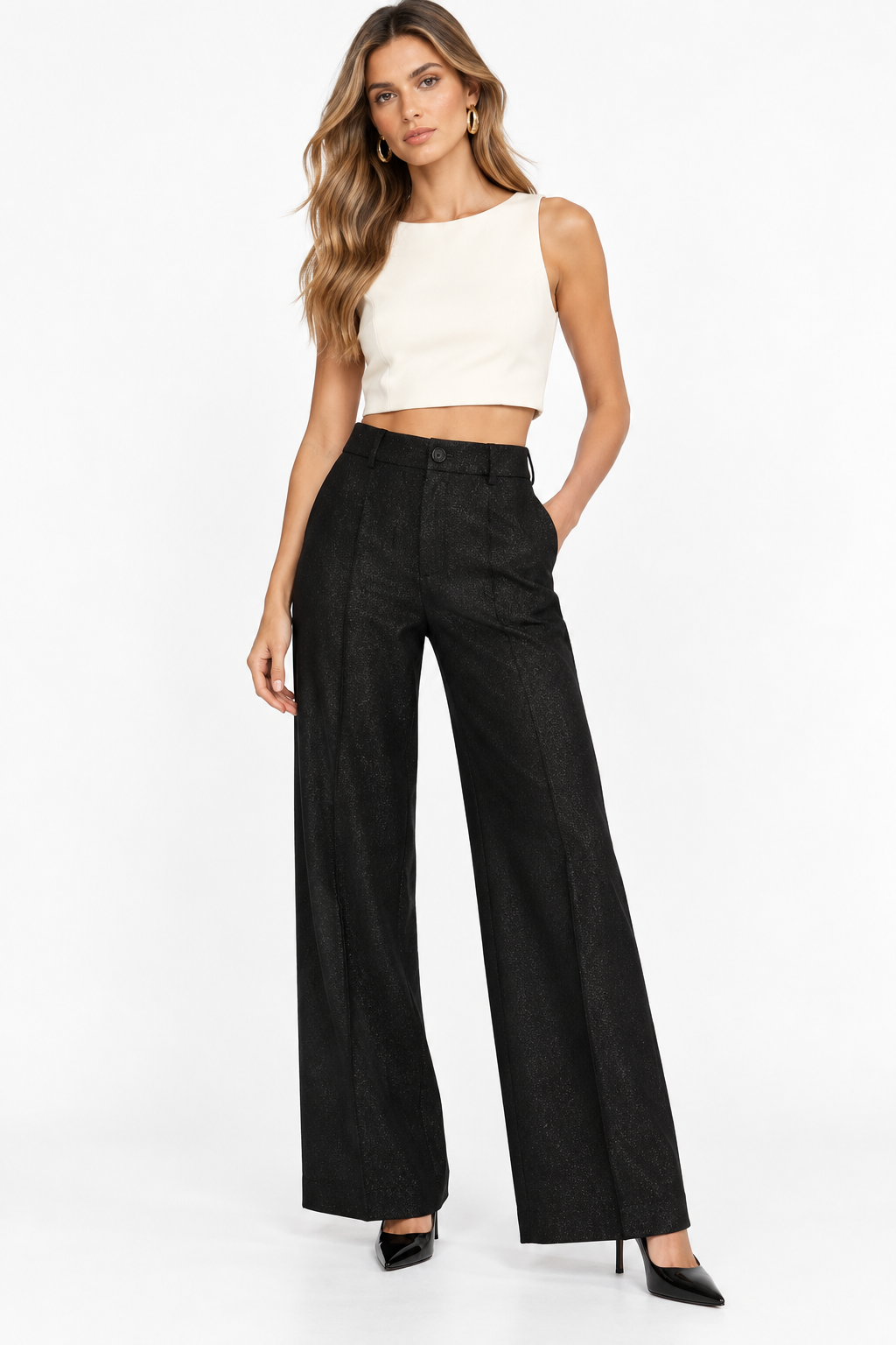 26557 SMASHED LEMON BLACK TROUSERS WITH GLITTER TEXTURE AND WIDE LEG