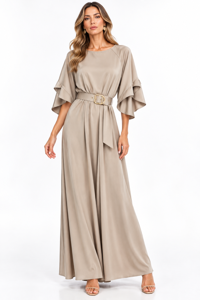 ANASTASIA+ME MAXI SATIN DRESS WITH DRAMATIC LAYERED