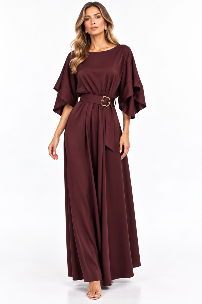 ANASTASIA+ME MAXI SATIN DRESS WITH DRAMATIC LAYERED