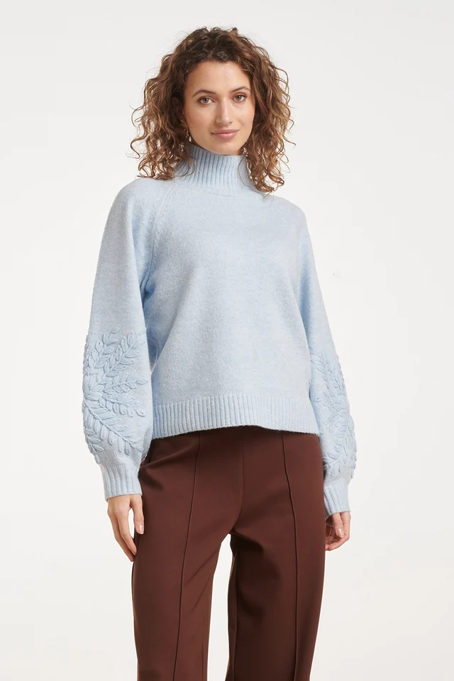 SMASHED LEMON LIGHT BLUE TURTLENECK  EMBROIDERED SLEEVE DETAILS