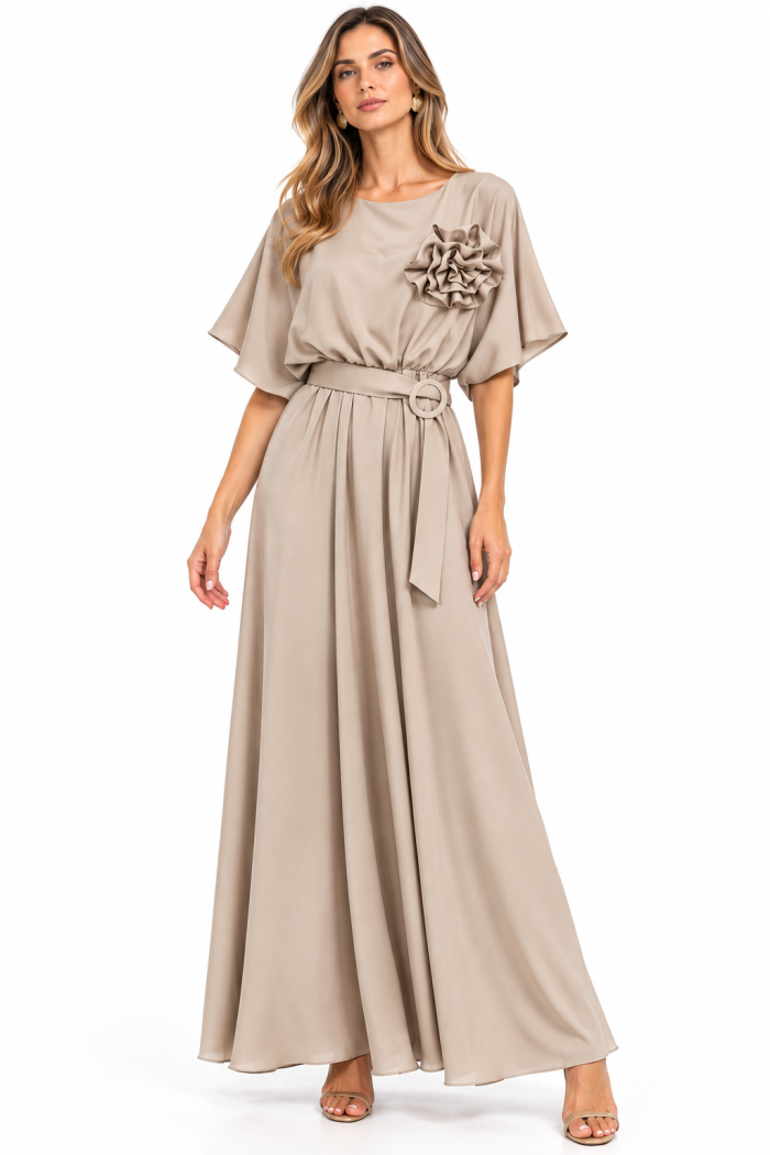 Q ANASTASIA+ME SATIN ΜΑΧΙ DRESS WITH FLOWER BROOCH