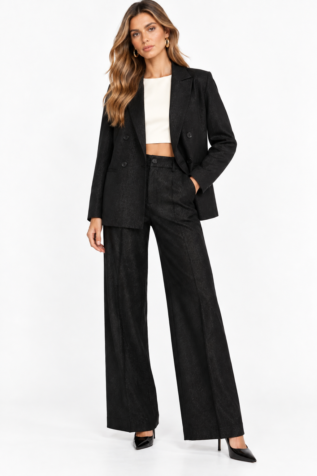 SMASHED LEMON BLACK DOUBLE BREST BLAZER WITH GLITTER TEXTURE