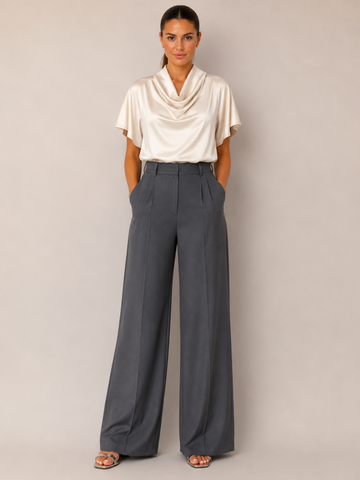 PLEASE SATIN COWL-NECK BLOUSE