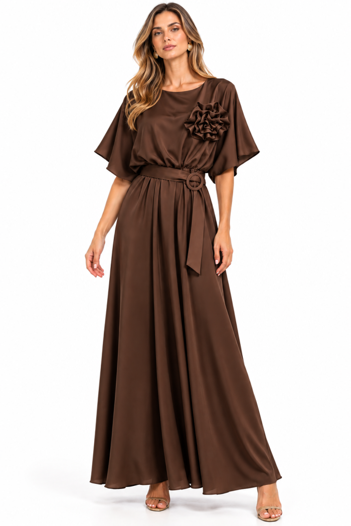 ; ANASTASIA+ME SATIN ΜΑΧΙ DRESS WITH FLOWER BROOCH