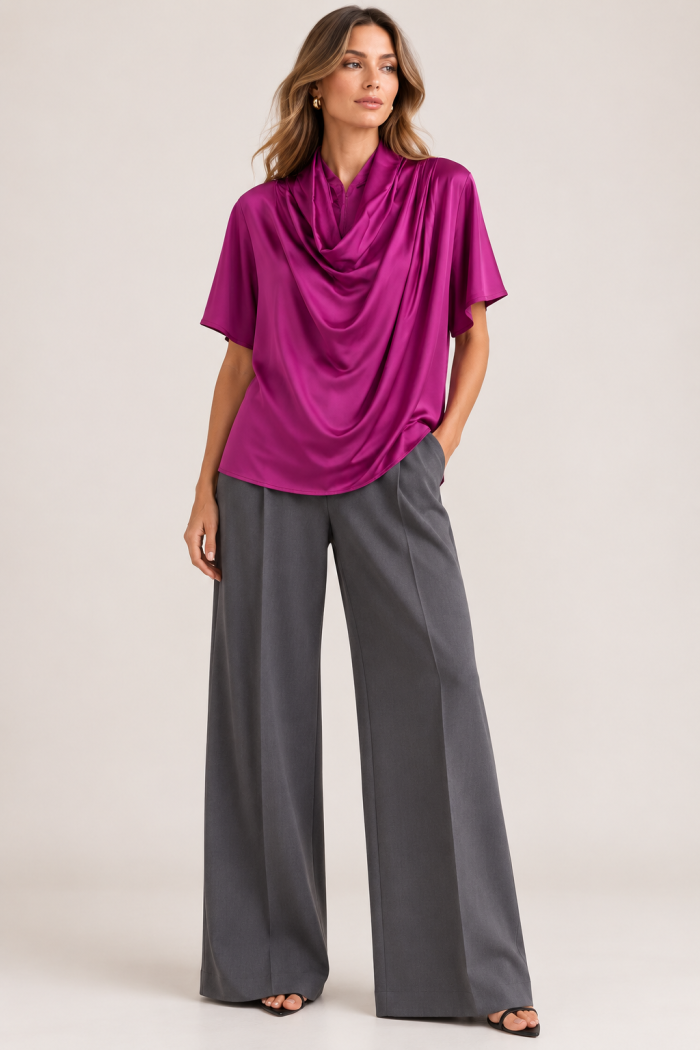 PLEASE SATIN COWL-NECK BLOUSE