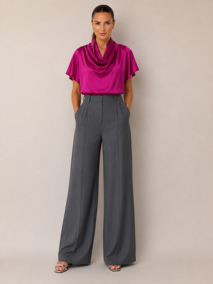 PLEASE SATIN COWL-NECK BLOUSE