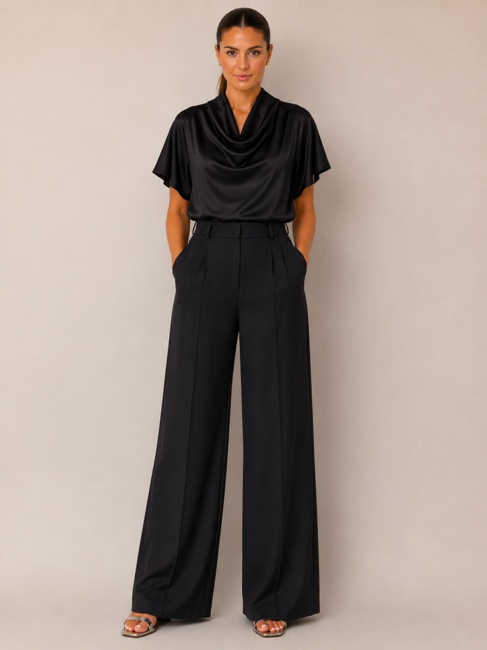 PLEASE SATIN COWL-NECK BLOUSE