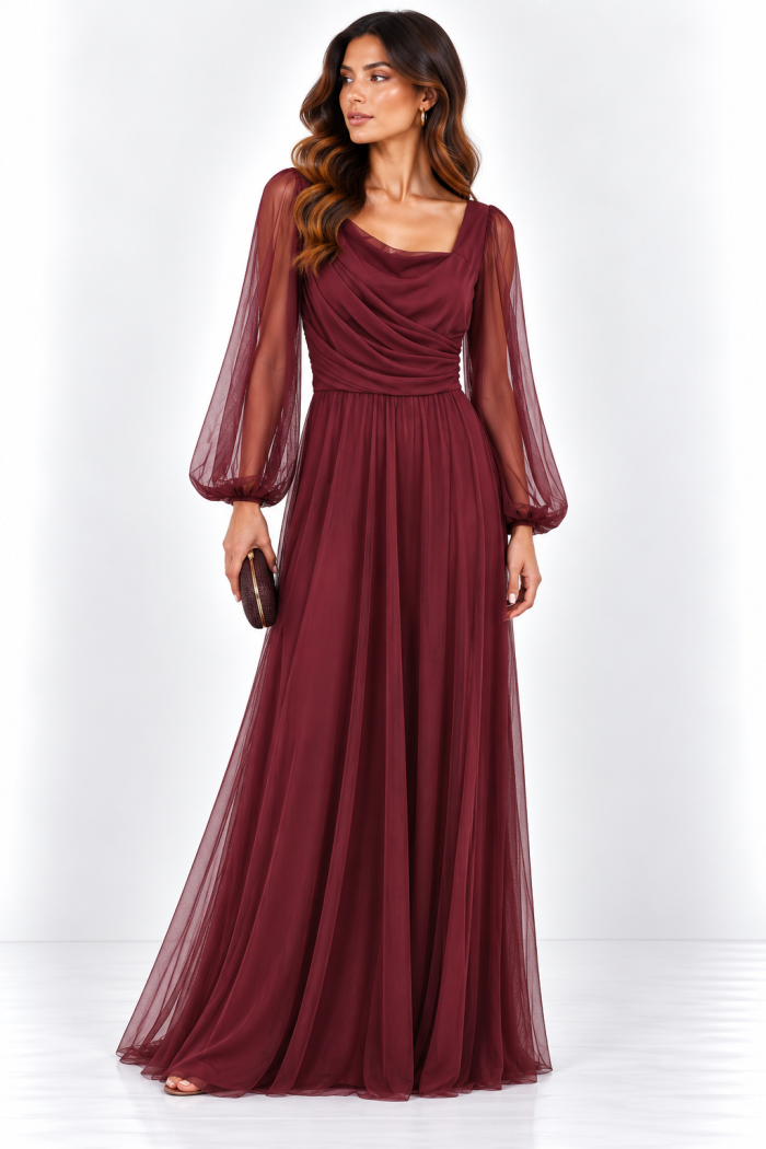 ANASTASIA+ME BURGUNDY TULLE MAXI DRESS